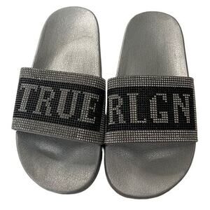 True Religion Crystal Embellished Rhinestone Jasmin Bling Slides Slip On Sandals